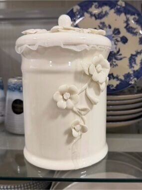 White Floral Ceramic Canister with 3D Flowers
